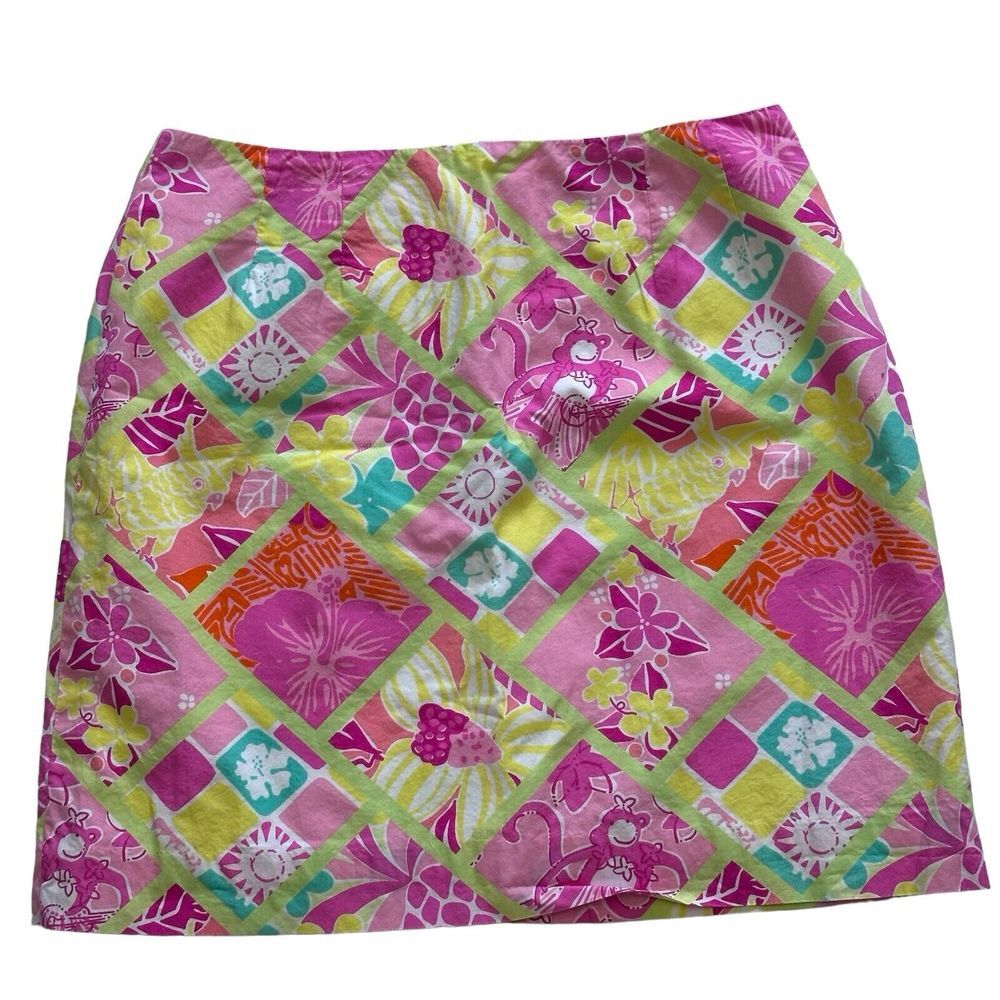 Lilly Pulitzer Rock a Hula Monkey Lined Skirt‎ Sz 10 Back Zip Pocket Cotton VTG